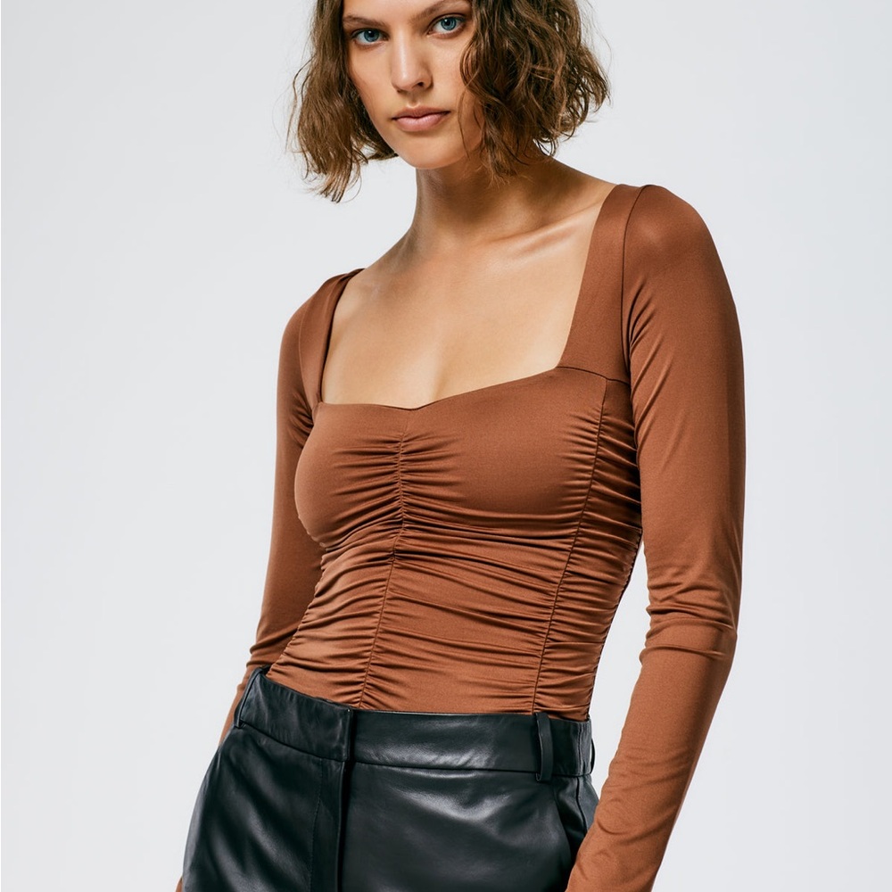Tibi Stretch Shirred Long Sleeve Bodysuit